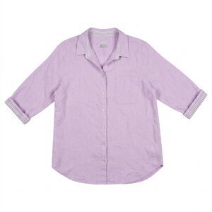 Chico’s No Iron Linen Striped Button Down Shirt Lilac Purple 2 Large 12/14 Lagen